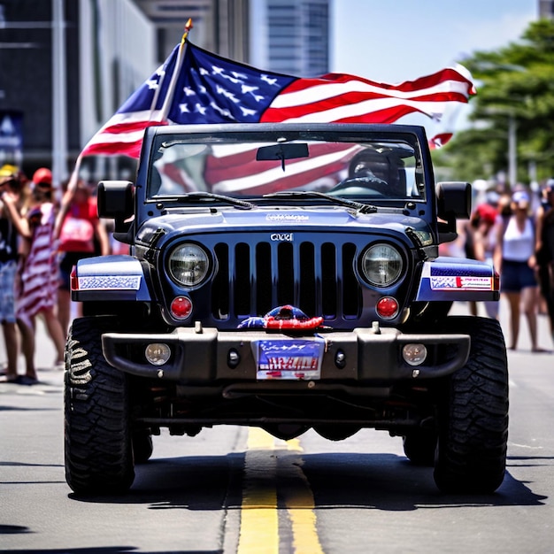 A black opentop jeep decorated with the American flag in an independence day parade