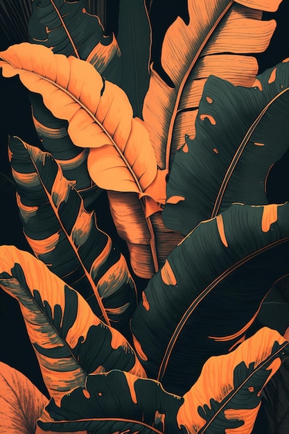 A black and orange background with a black background and a yellow leaf pattern.