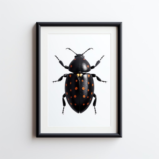 a black and orange bug in a black frame on a white wall