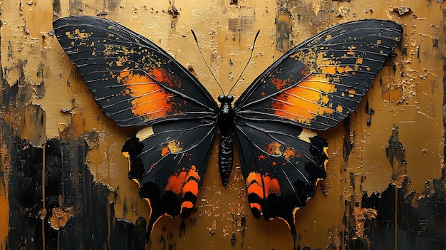 Black and orange butterfly with gold and black background