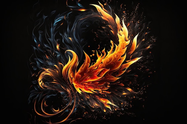 A black and orange fire bird with a black background.