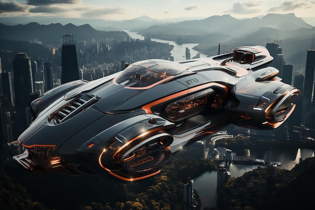 A black and orange futuristic spaceship flying over a city