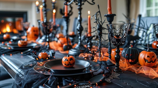 Photo black and orange halloween table setting with pumpkins and candles