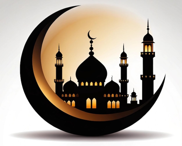 Photo a black and orange image of a mosque with a moon and the moon in the background