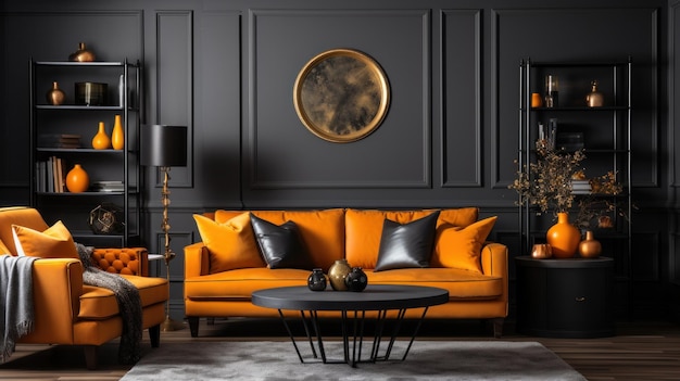 Black and orange interior living room