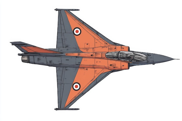 Photo a black and orange jet with a red and orange wing with a white circle on the side