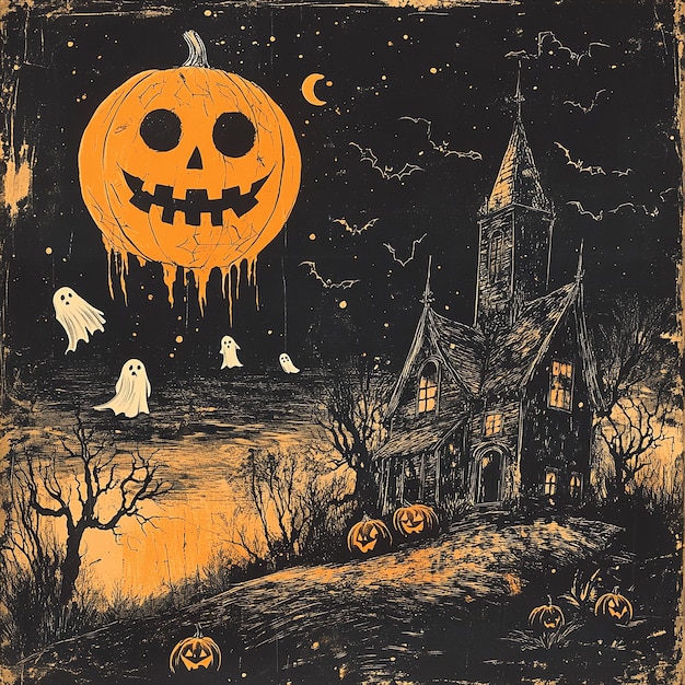 a black and orange picture of a pumpkin with a ghost on it