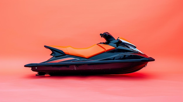 a black and orange scooter is on a red surface