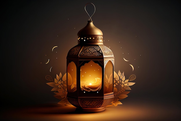 Black ornamental Moroccan Arabic lantern Green olive leaves branches on old wooden table blurred grunge wall background Generative Ai