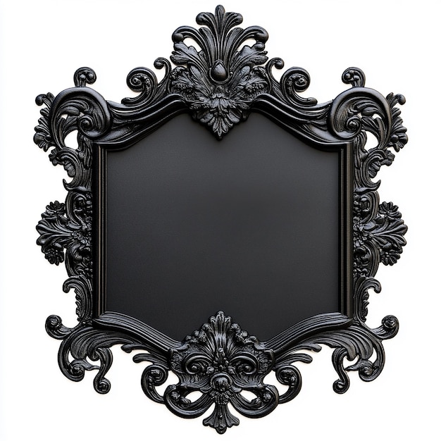 A black ornate frame with intricate details and a blank center for text or image