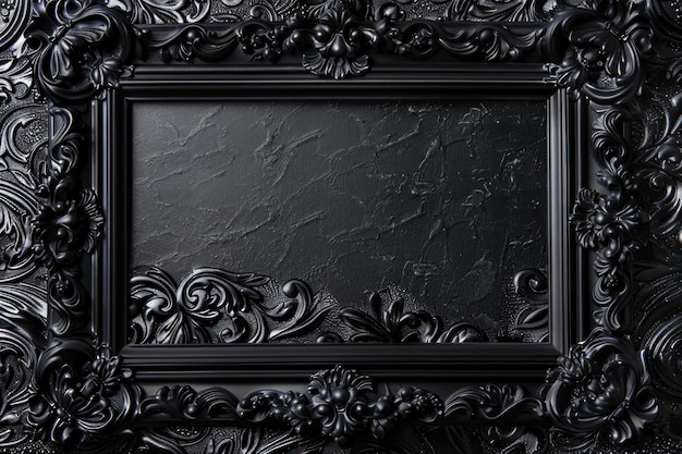 Photo black ornate picture frame with blank rough textured background with copy space