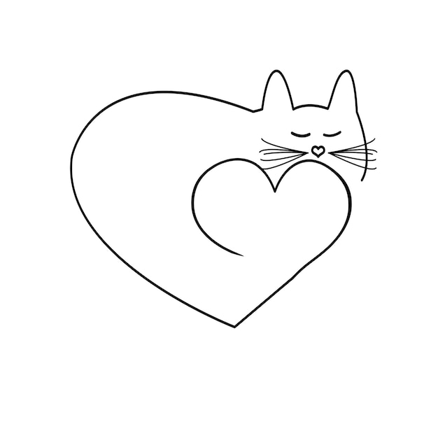 Black outline of a cat in the heart, on a white background