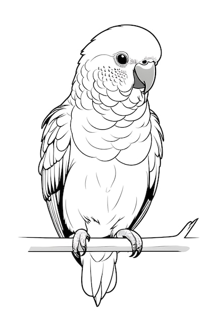 Photo black outline cute a parakeet bird coloring page 4k white background