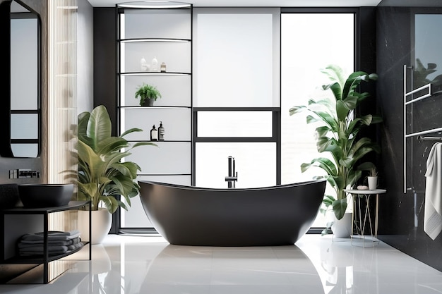 Black oval bathtub chrome shower head in modern loft gray wall bathroom