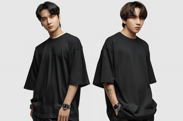 Black oversized tshirt mockup front and back view of asian man wearing plain black loose fit short