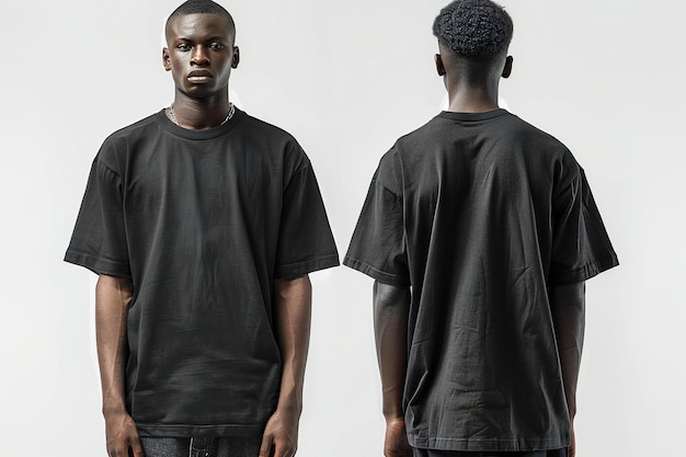 Photo black oversized tshirt mockup front and back view of man wearing plain black oversize tshirt templa