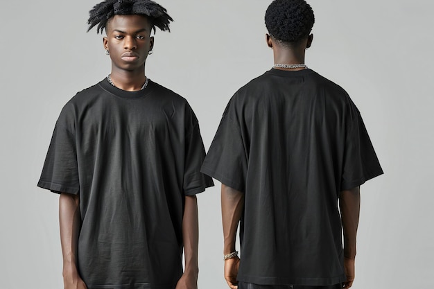 Photo black oversized tshirt mockup front and back view of man wearing plain black oversize tshirt templa