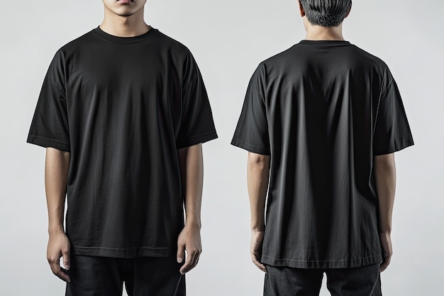 Black oversized tshirt mockup front and back view on white background asian man wearing blank blac