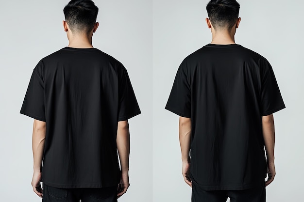 Photo black oversized tshirt mockup front and back view on white background asian man wearing blank blac