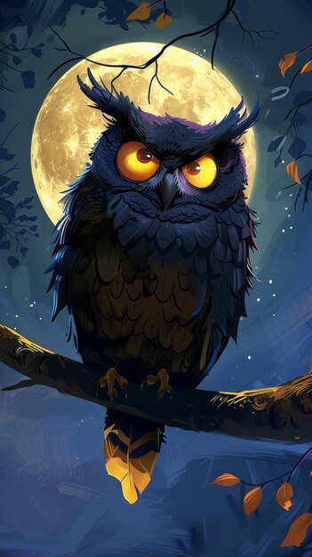 Photo black owl with yellow tail perched on branch full moon in background