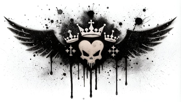 Black paint spray graffiti with heart angel wings crown skull arrow and cross symbols Painted e