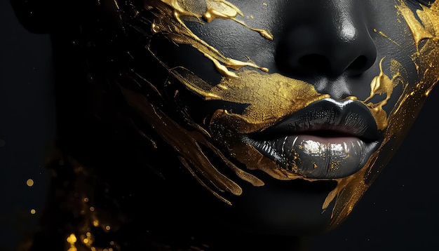 black painted woman's face with gold details in the style of photorealistic accurac