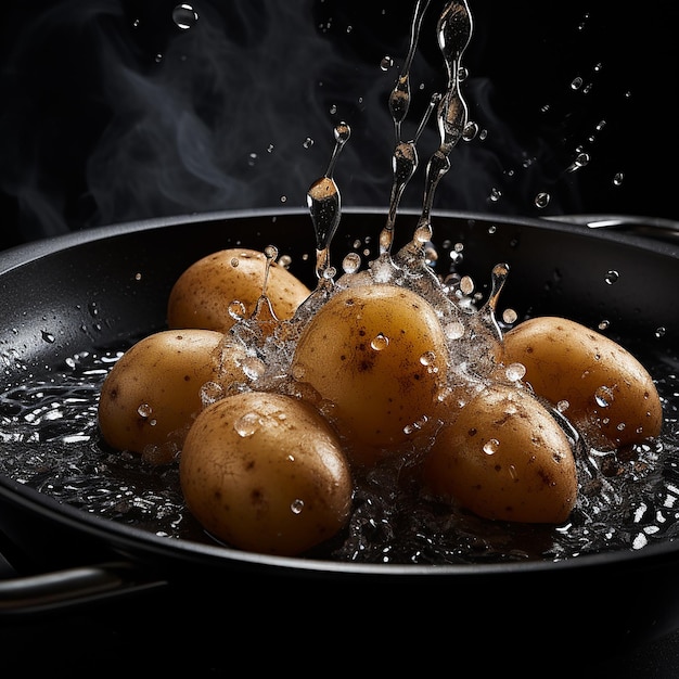 Black Pan with Raw Potatoes and Water Droplets