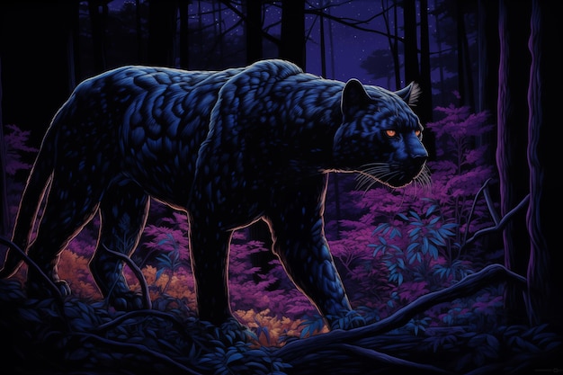 A black panther is walking in the forest at night generative ai