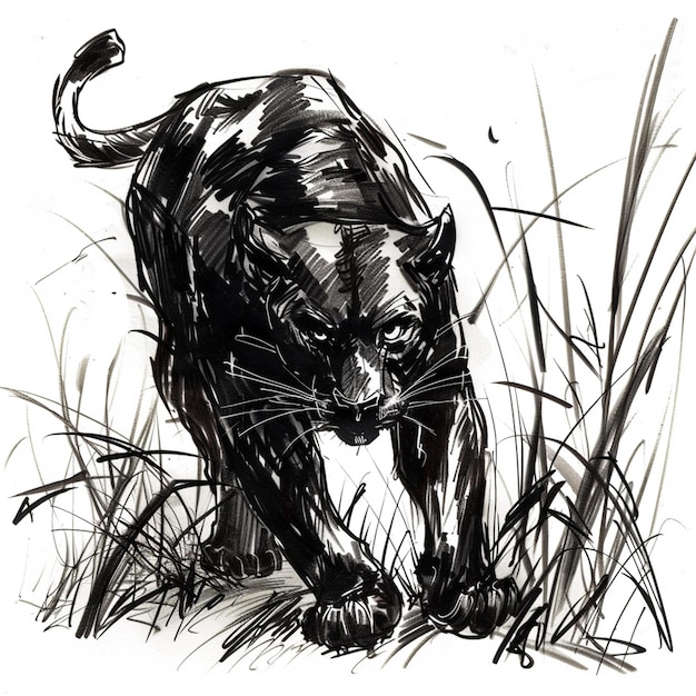 Black Panther isolated pencil drawing on white paper artwork