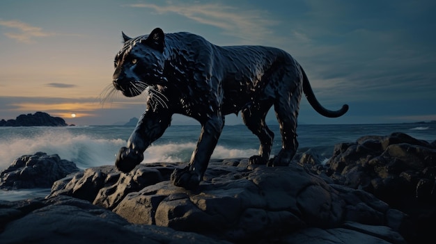 Photo black panther running in the water looking at the viewer