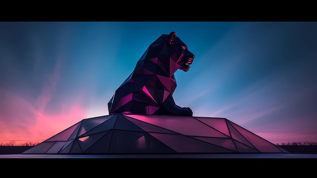 A black panther sits on a pyramid with the word lion on it.