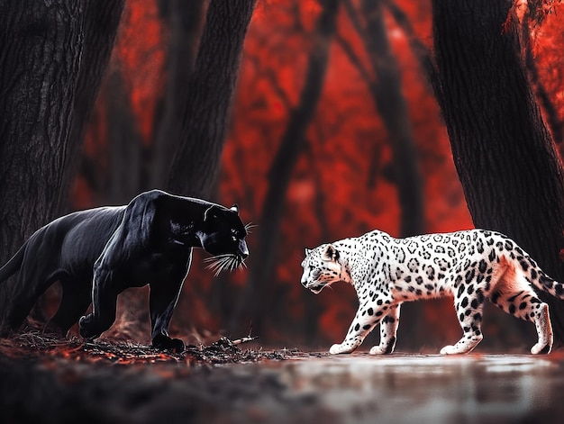 Photo black panther and white leopard face off in intense forest path scene with vibrant colors