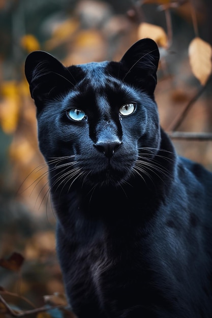 A black panther with blue eyes is shown in this photo.