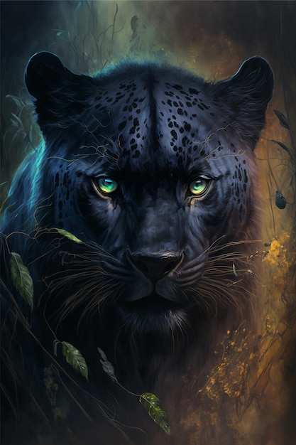 A black panther with green eyes is looking at the camera.