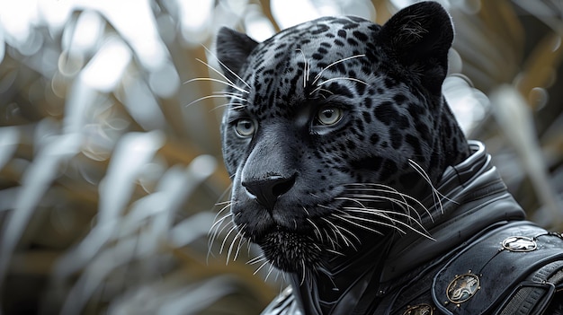 A black panther with a leather jacket and a gold chain around its neck The panther has a fierce look on its face