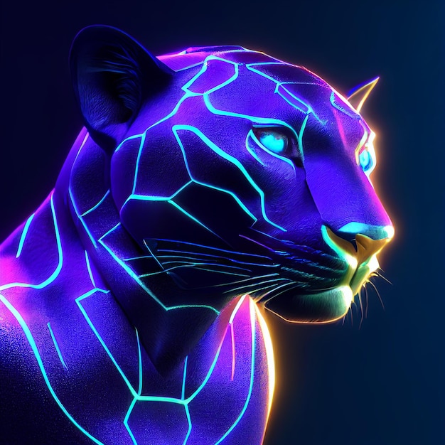 Black panther with neon lights portrait 3d rendering