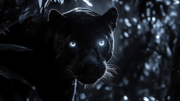 A black panther with piercing blue eyes stares directly at the camera from amidst lush green foliage