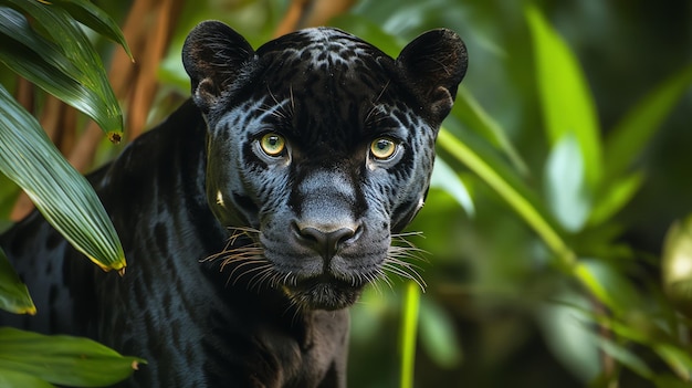 A black panther with piercing green eyes stares directly at the camera from amidst lush green foliage