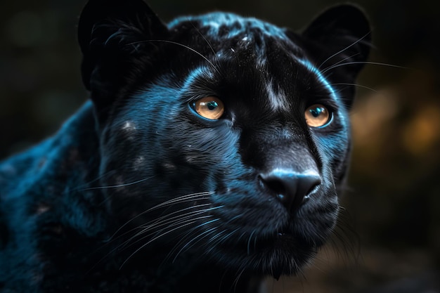 A black panther with yellow eyes is looking at the camera.