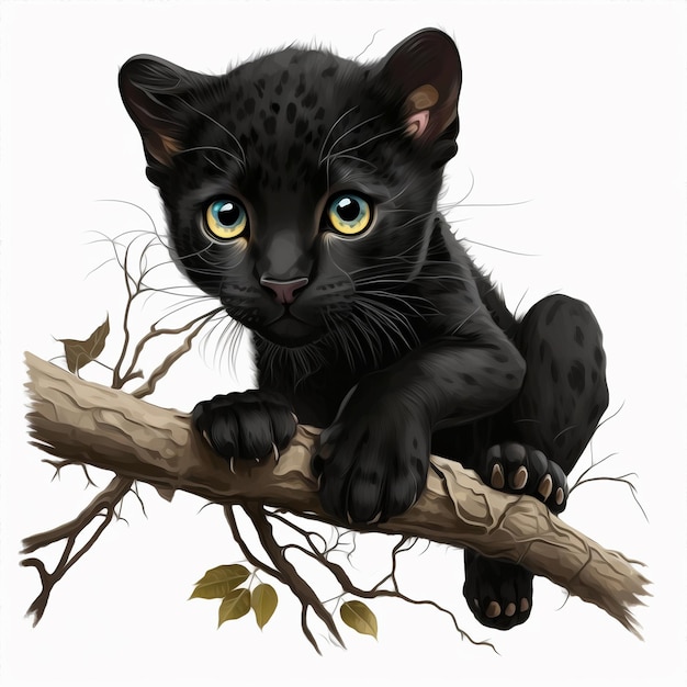 A black panther with yellow eyes sits on a branch.