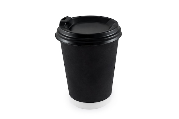 Black paper coffee cup on white isolated. Blank paper cup of coffee disposable for take away or to go for the application logo, space for design layout.