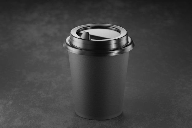 Black paper cup mockup for your design Black disposable machine with a plastic lid on a black background Mockup of a black disposable glass 3d render