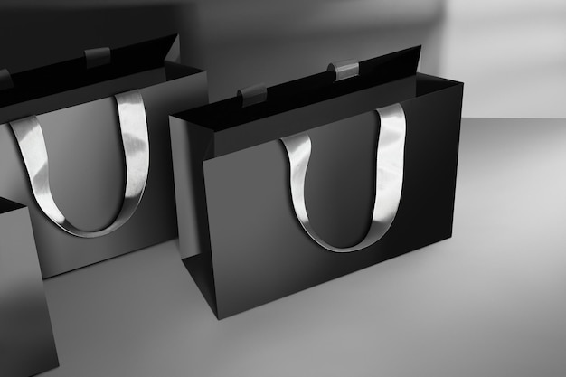 Black paper glossy shopping bag mockup with white handles