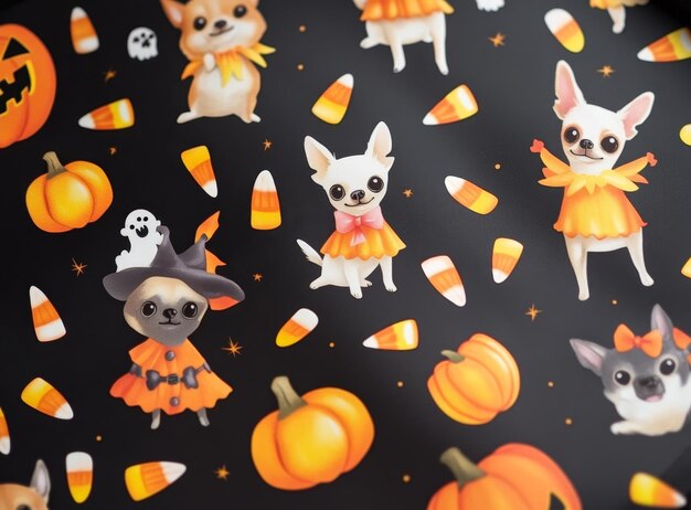 Photo a black paper plate with chihuahuas dressed in halloween costumes candy corn and pumpkins patterned