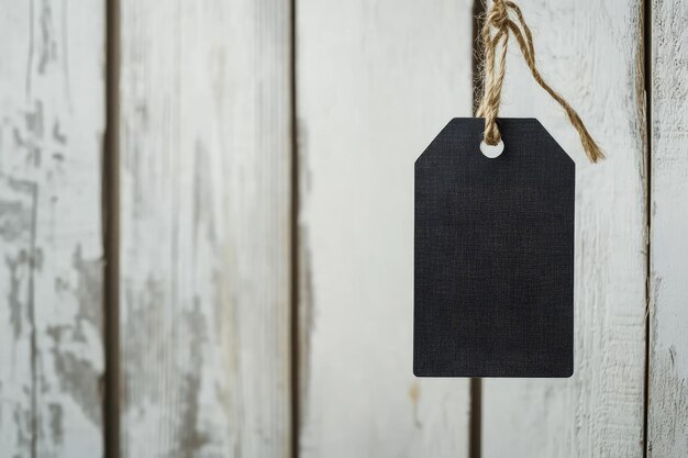 Photo black paper sale tag hanging on silk cloth over white vintage wood background