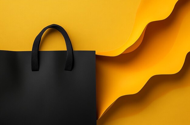 Photo black paper shopping bag with an orangeyellow abstract shape on a simple background