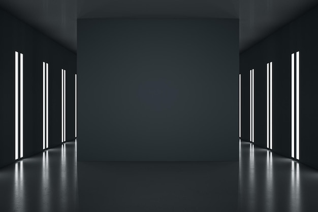 Black partition with copyspace in the center of stylish black room with led lights on walls 3D rendering mockup