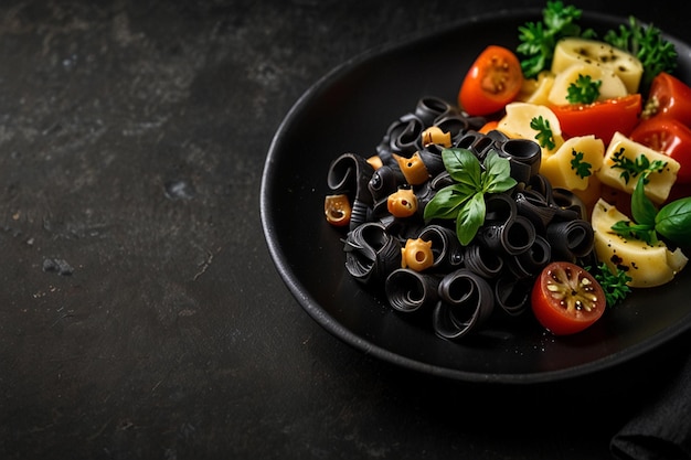 Photo black pasta with tomatoes and cheese on black plate