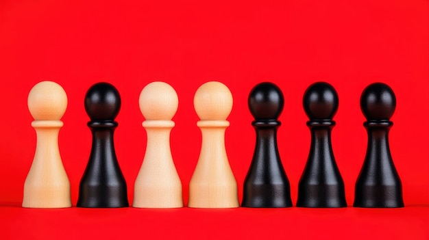 Black Pawn Standing Out Among White Pawns on Red Background