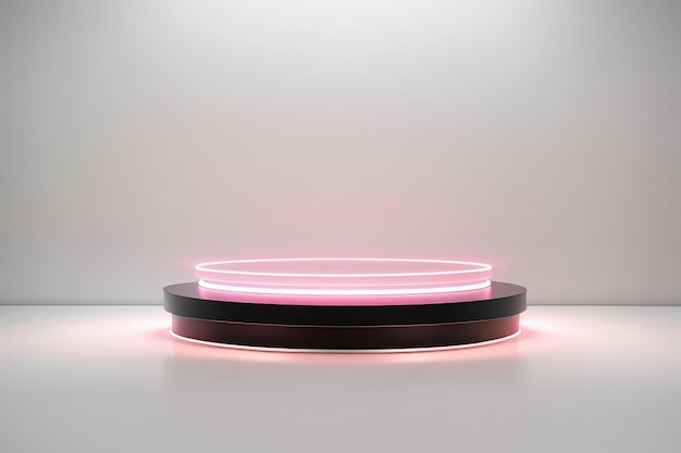 Black Pedestal of platform display with neon modern stand podium on white room background Blank Exhibition stage backdrop or empty product shelf 3D rendering